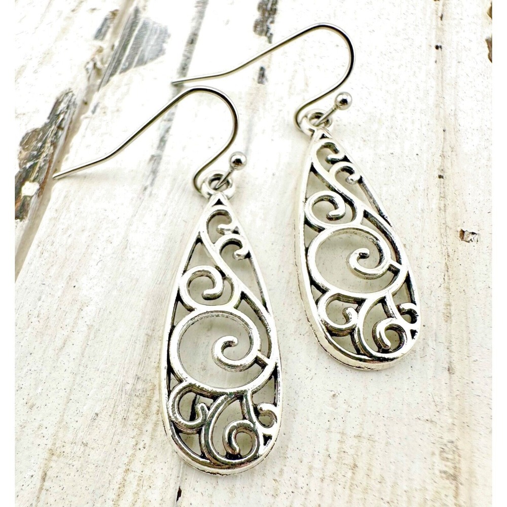 Filigree Swirl Teardrop Earrings Silver Tone